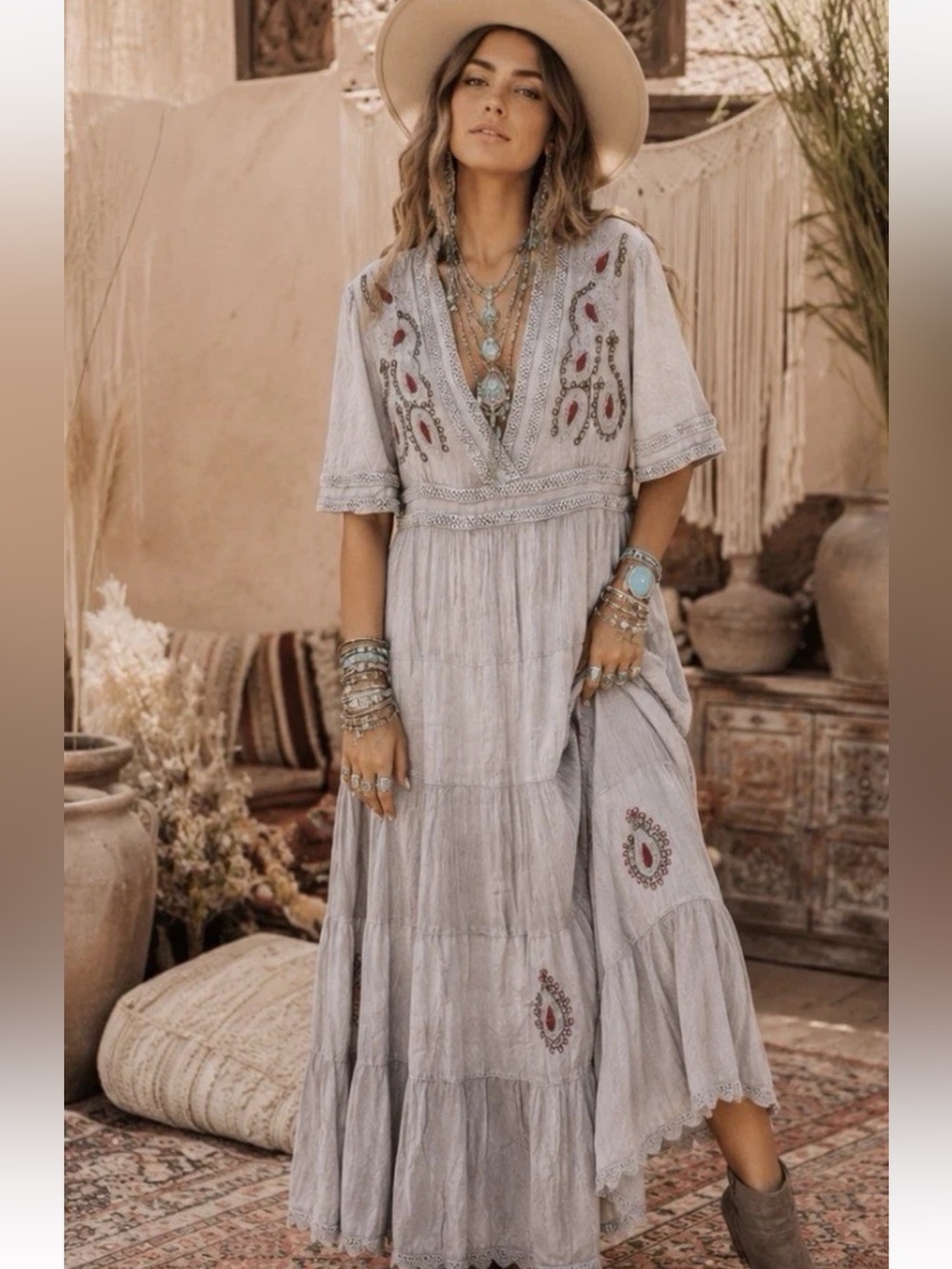 New! Young Threads Gray Embroidered Tiered Maxi Dress with V-Neck